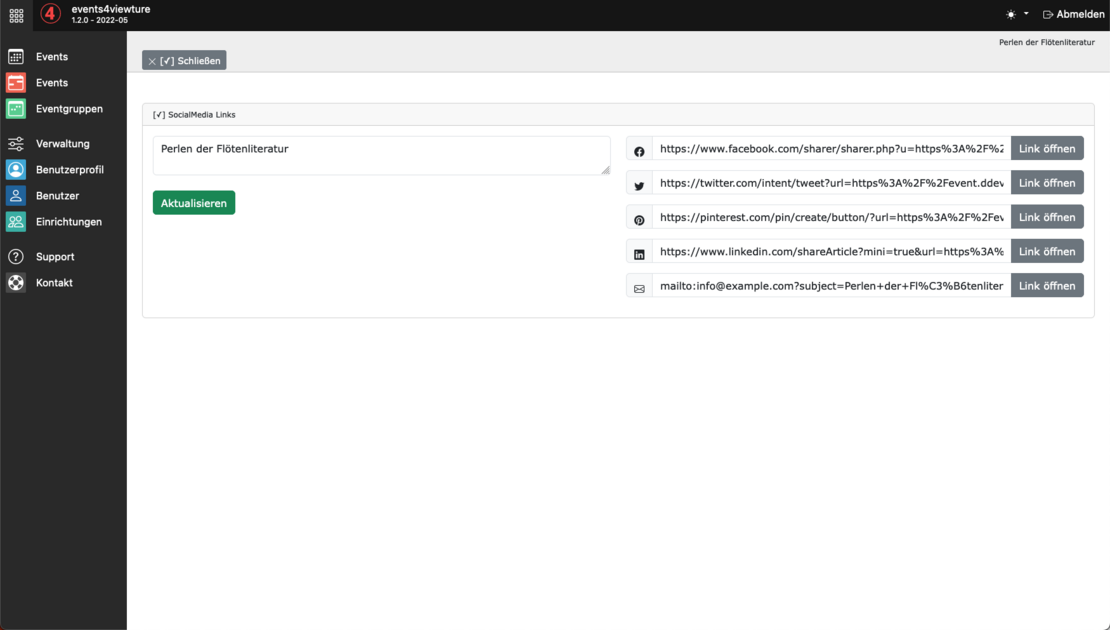 Ansicht mit den Socialshare Links